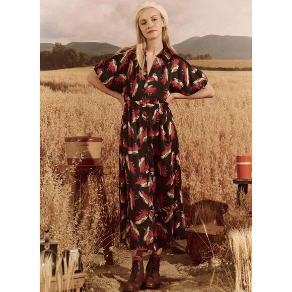 The Great Raven Shirt Midi Dress Buttondown Floral Printed Short Sleeve S 274418